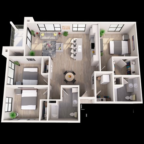A 3D floor plan of a house with a kitchen, living room, and bedrooms.
